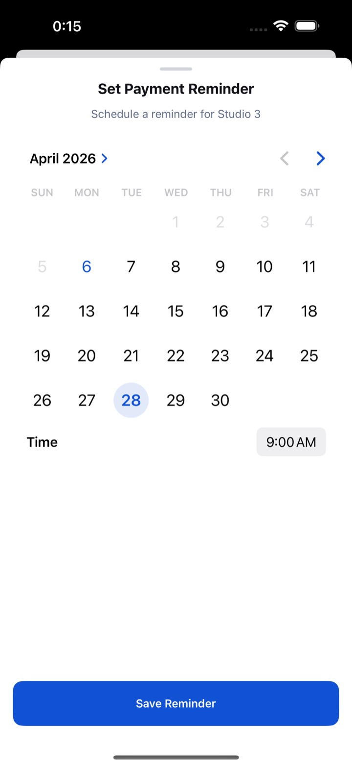RentDue alert setup screen scheduling an automatic rent reminder for a property