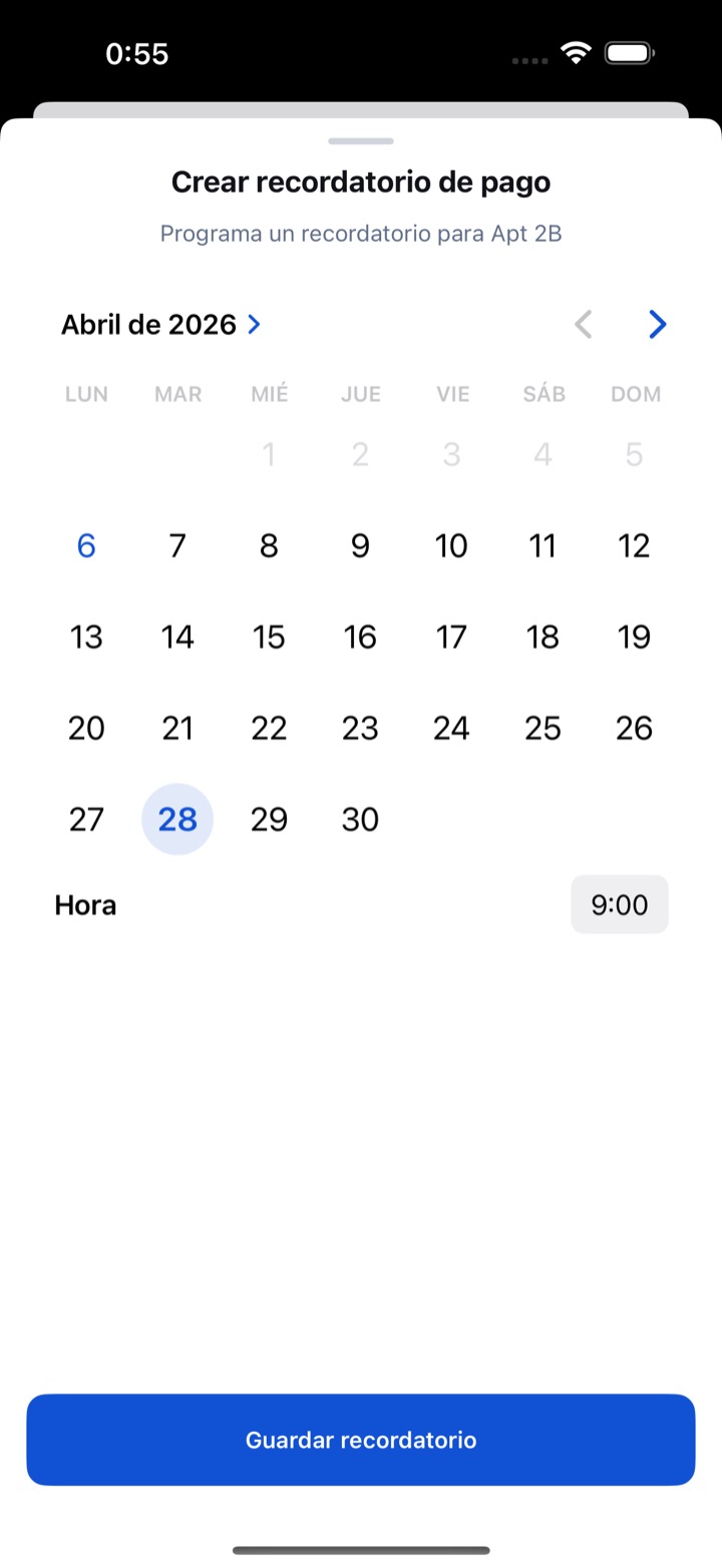 Pantalla de configuración de alertas de RentDue programando un recordatorio automático de alquiler para una propiedad