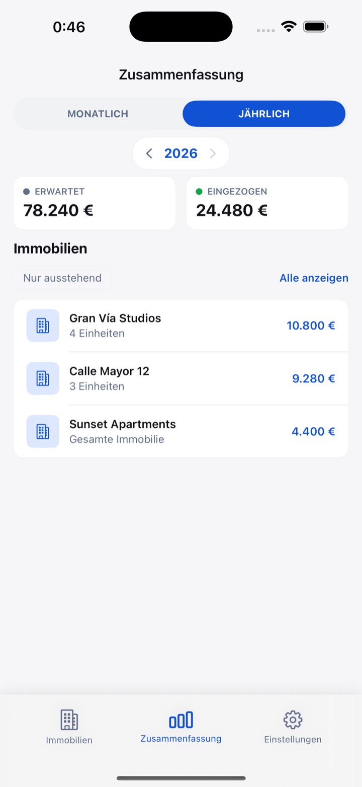 RentDue-Jahresübersicht mit erwarteter und eingegangener Miete des Jahres für drei Immobilien