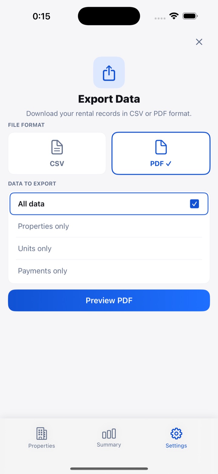 RentDue PDF export preview of rent payment records