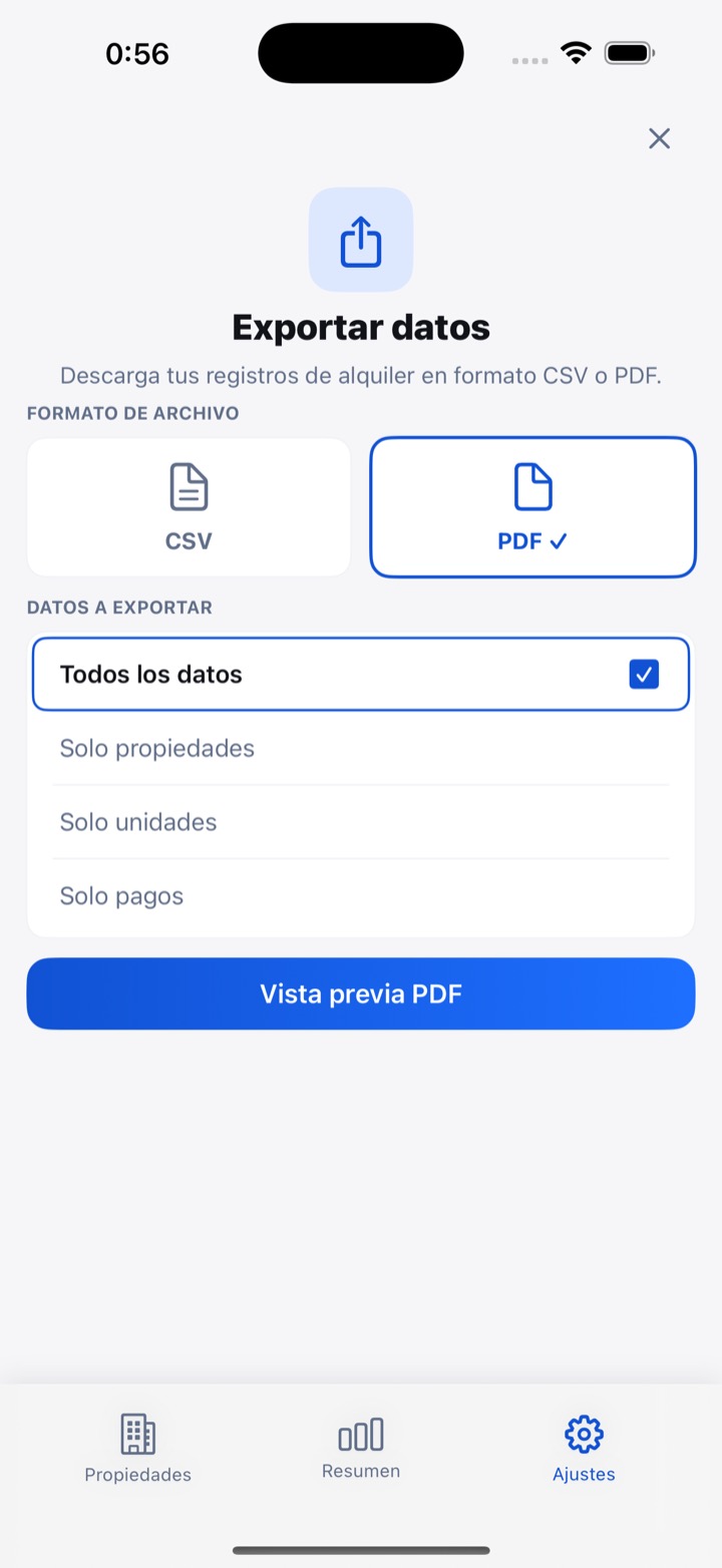 Vista previa del export PDF de pagos en RentDue