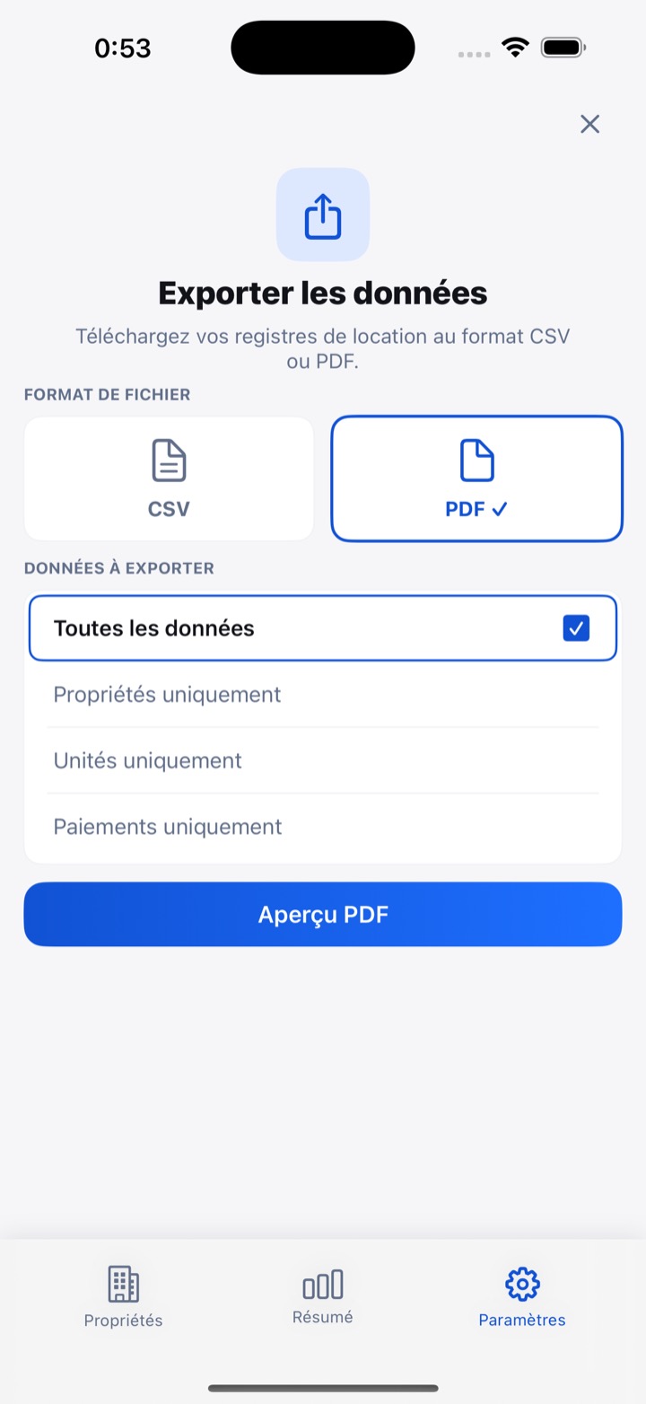 Aperçu de l'export PDF des paiements dans RentDue