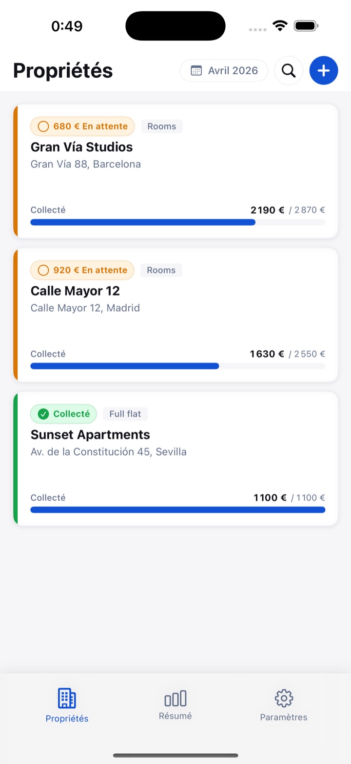 Liste des biens RentDue, données stockées sur l'appareil