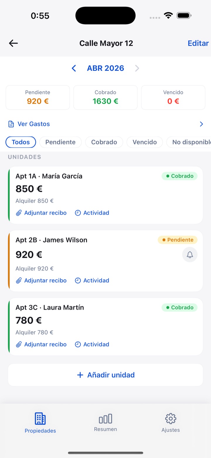 Pantalla de propiedad de RentDue con cuatro estudios y el estado del alquiler mensual de cada uno: totales cobrado, pendiente y vencido arriba