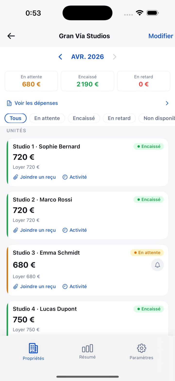 Écran de bien RentDue montrant quatre studios avec le statut du loyer mensuel : totaux encaissés, en attente et en retard affichés en haut