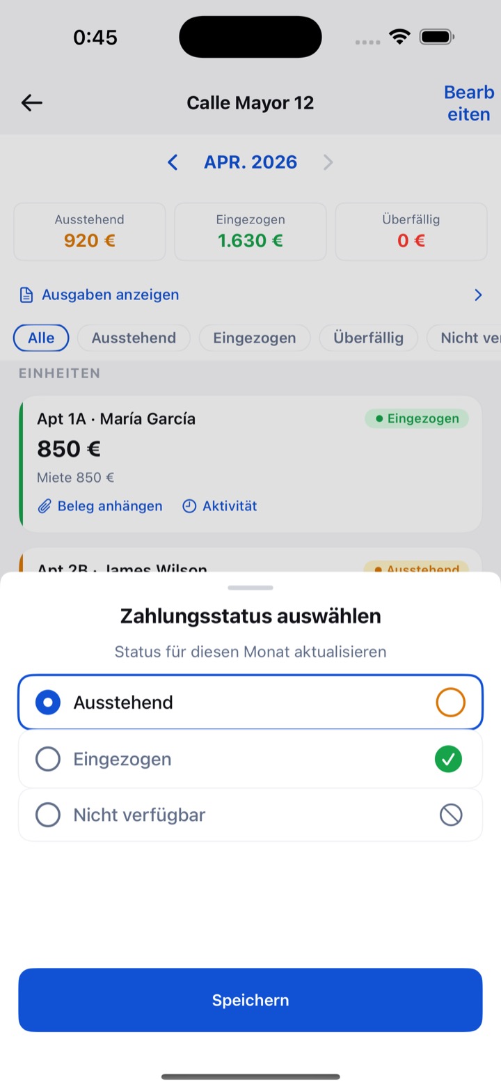 RentDue-Bildschirm: Monat eines Mieters als bezahlt markieren