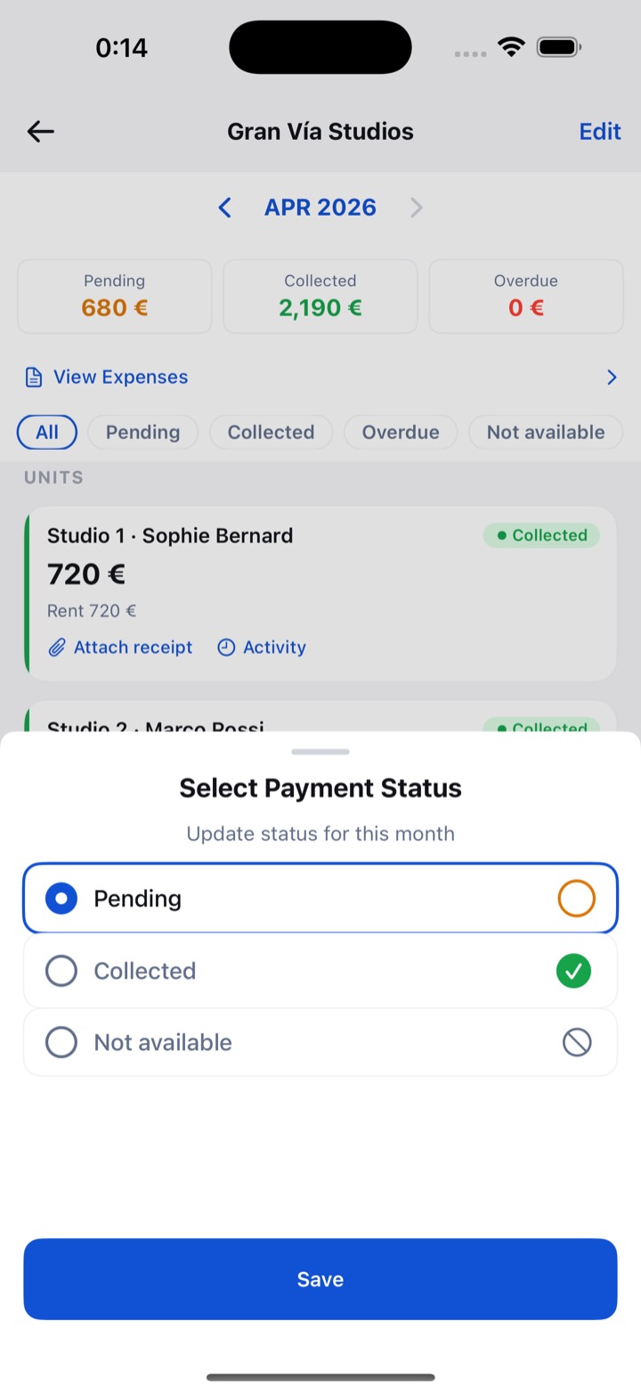 RentDue screen marking a tenant's month as paid with one tap
