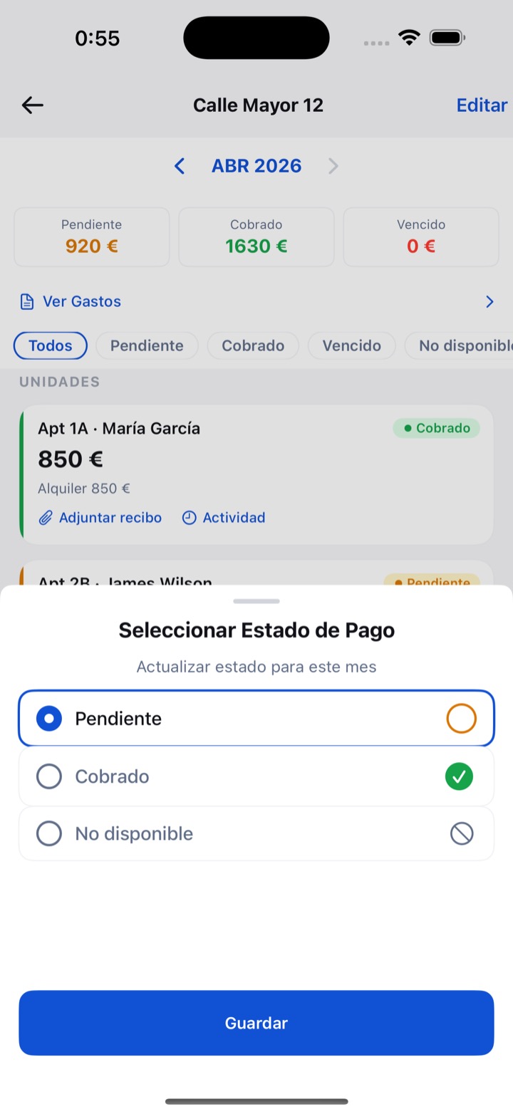 Pantalla de RentDue marcando el mes de un inquilino como pagado