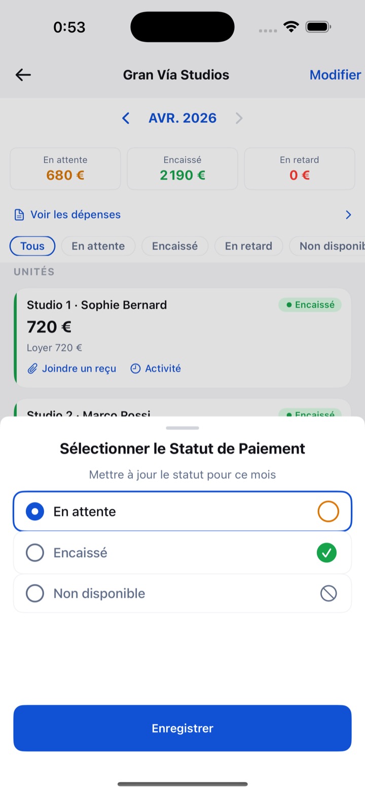 Écran RentDue marquant le mois d'un locataire comme payé