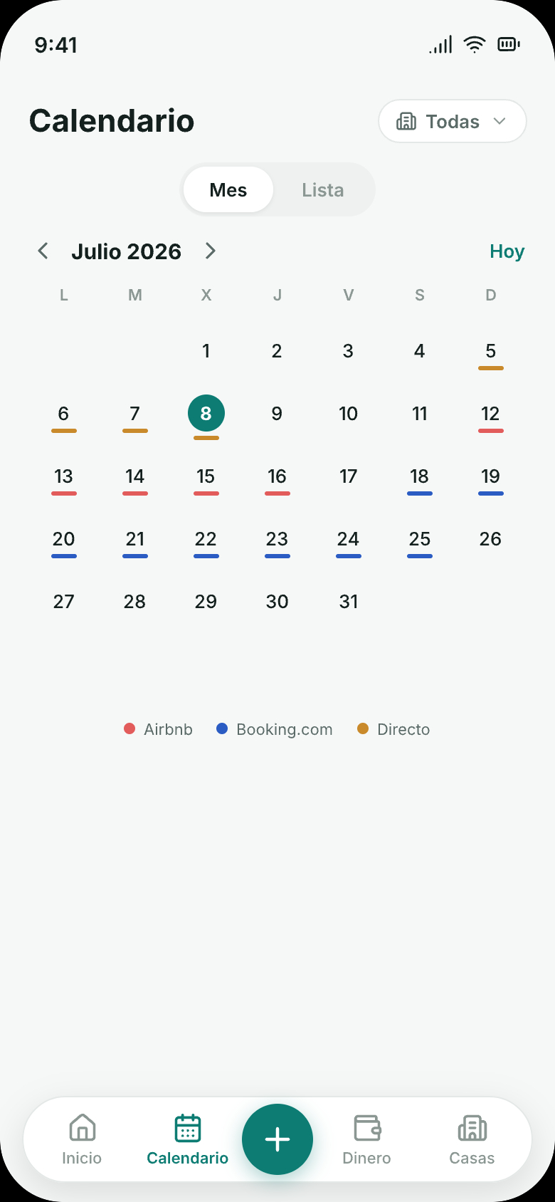 Calendario de RentDue Stays con reservas de Airbnb, Booking.com y directas coloreadas por canal