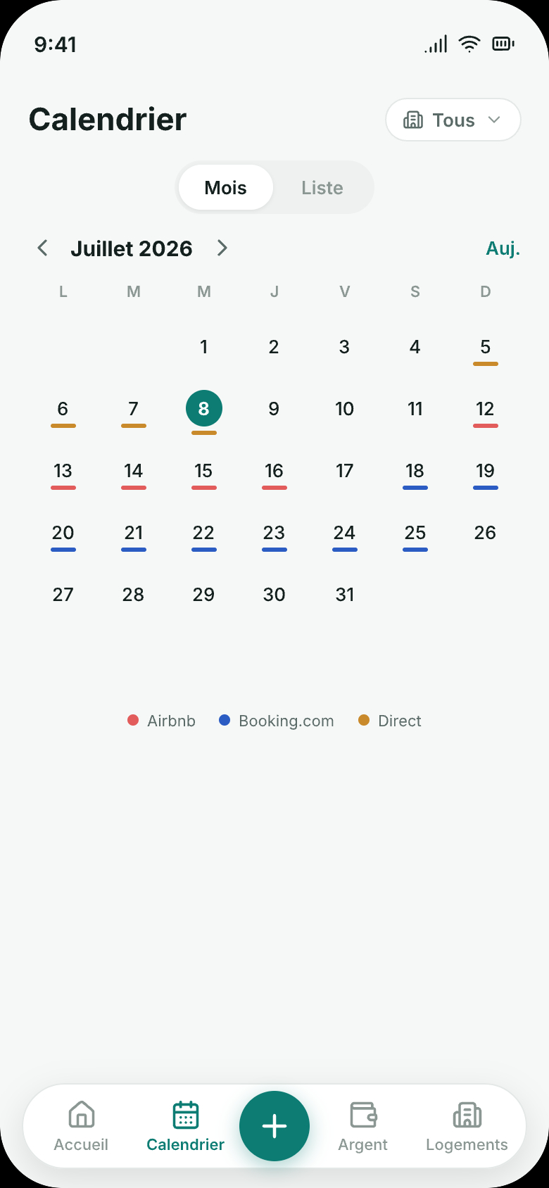 Calendrier RentDue Stays avec réservations Airbnb, Booking.com et directes colorées par plateforme
