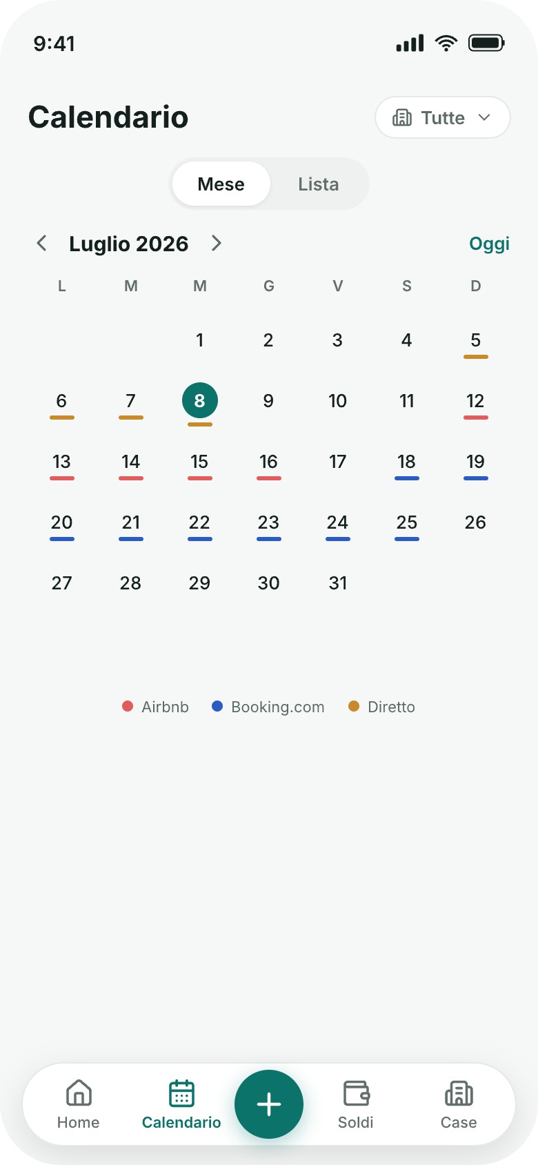 Calendario di RentDue Stays con prenotazioni Airbnb, Booking.com e dirette colorate per canale