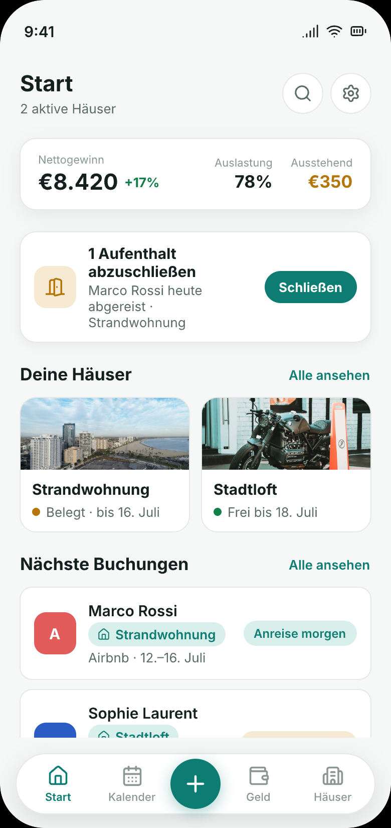 RentDue Stays Startbildschirm: Nettogewinn, Auslastung und naechste Buchungen von Airbnb, Booking.com und direkt