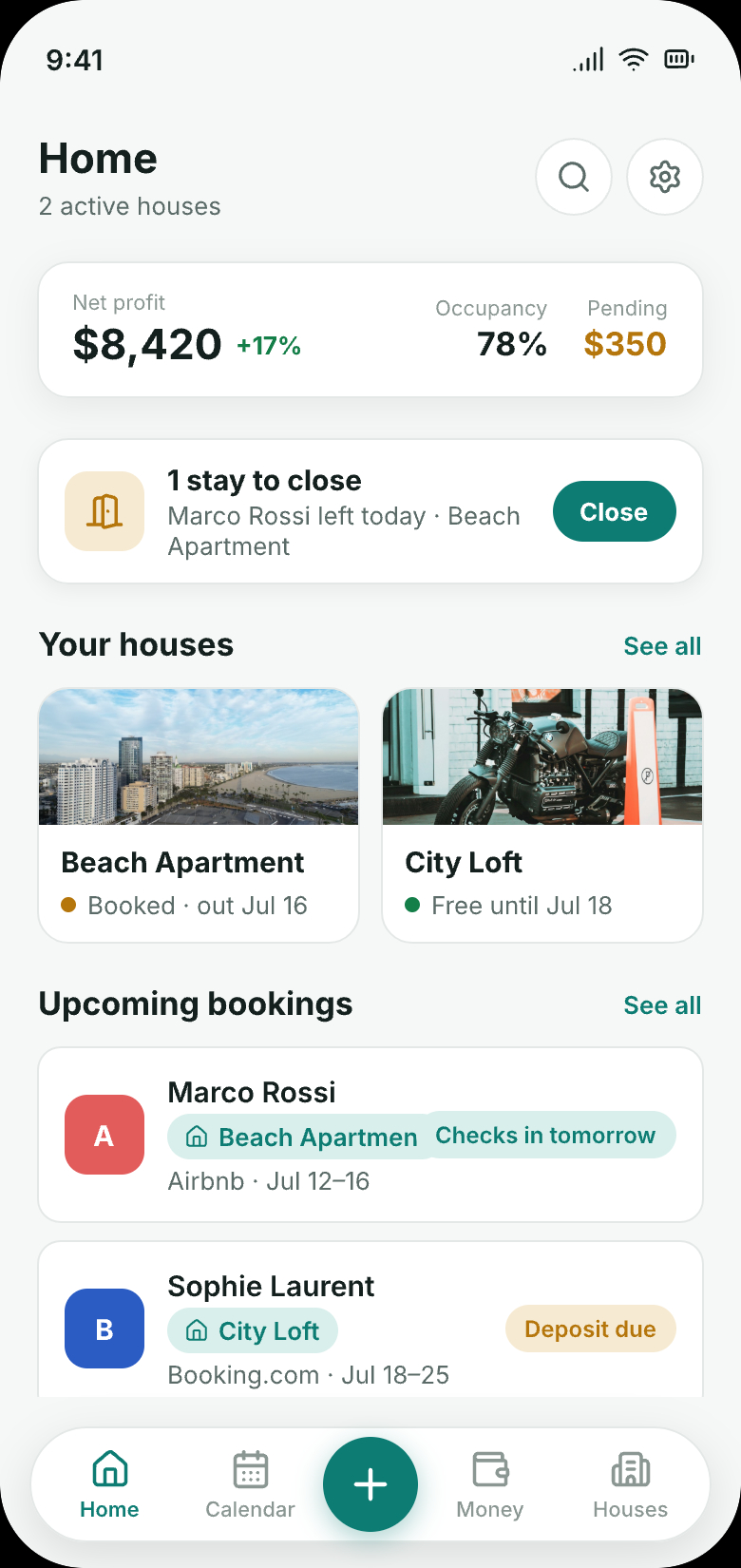 RentDue Stays home screen showing net profit, occupancy and upcoming bookings from Airbnb, Booking.com and direct
