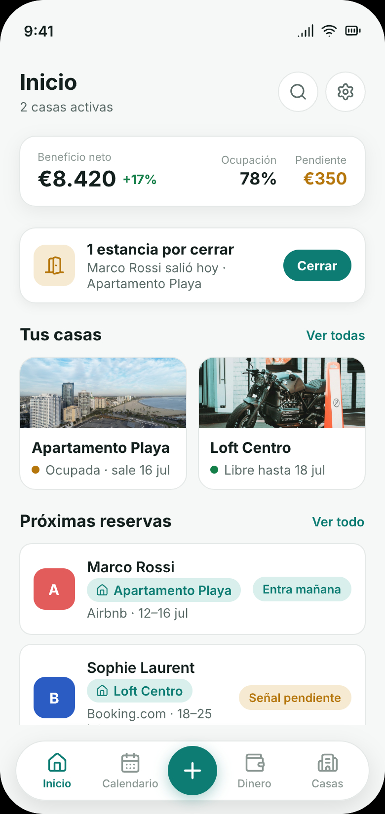 Pantalla de inicio de RentDue Stays: beneficio neto, ocupacion y proximas reservas de Airbnb, Booking.com y directas
