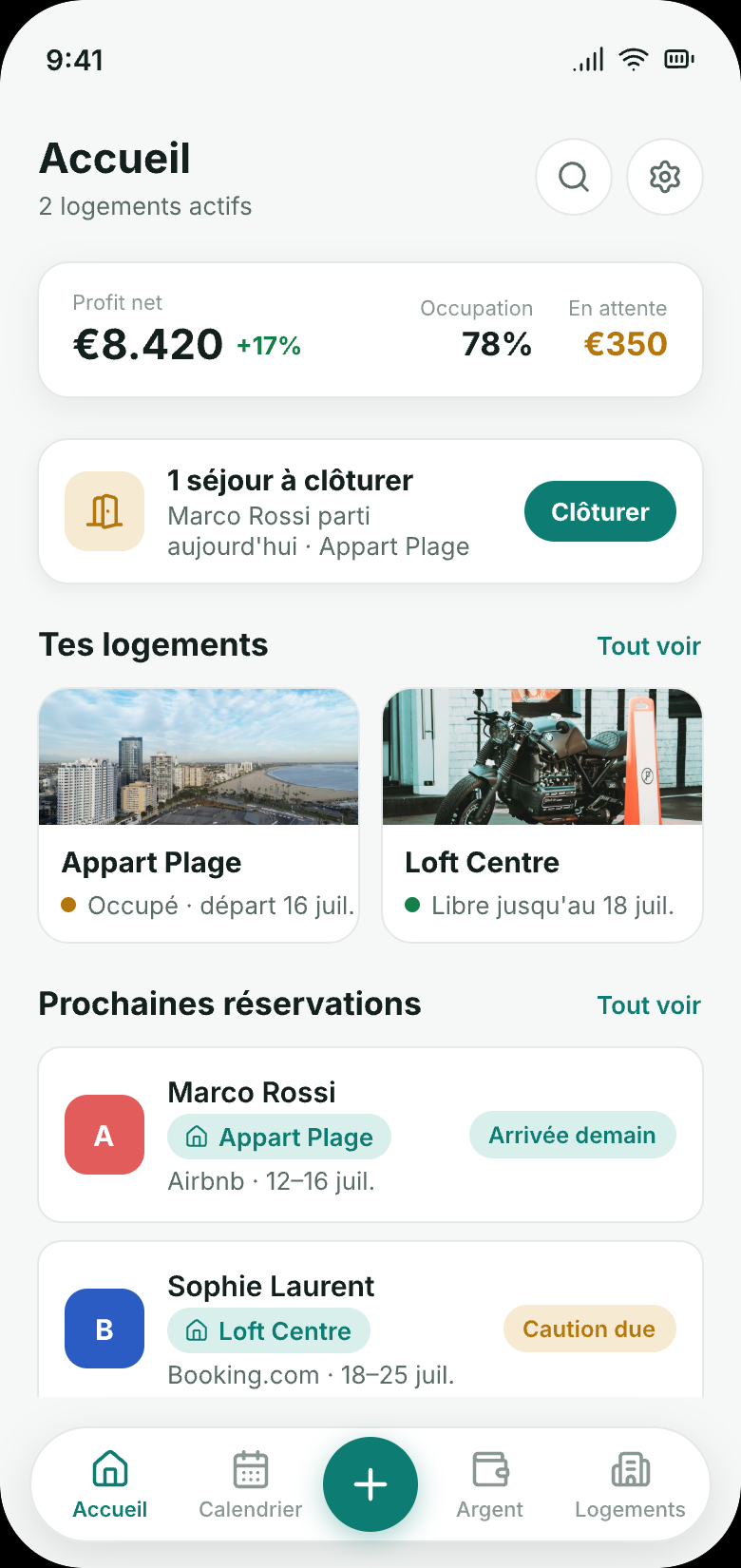 Ecran d'accueil de RentDue Stays : benefice net, occupation et prochaines reservations Airbnb, Booking.com et directes