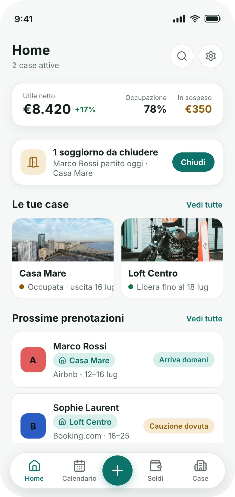 Schermata principale di RentDue Stays: utile netto, occupazione e prossime prenotazioni Airbnb, Booking.com e dirette