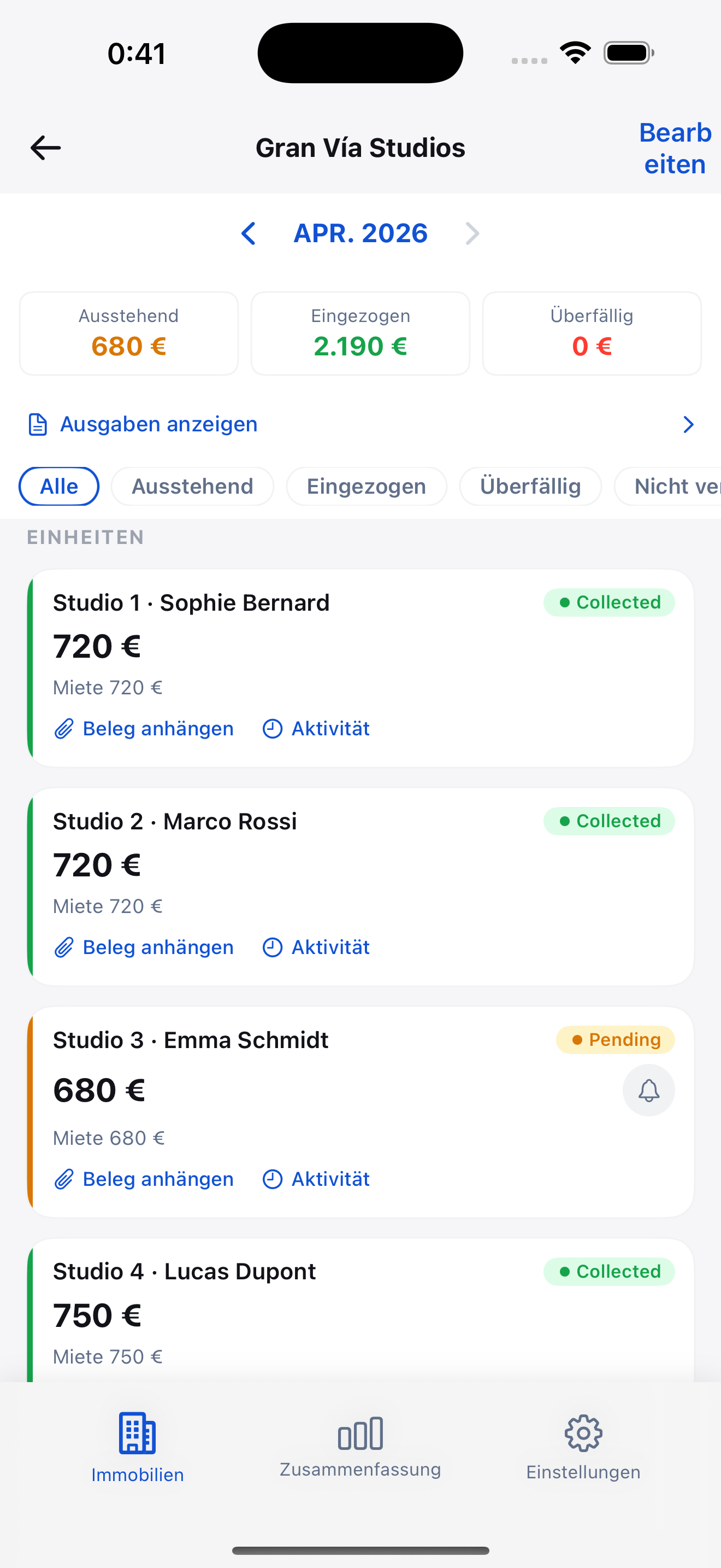 Immobiliendetails mit Mieter-Zahlungshistorie und Monatsübersicht