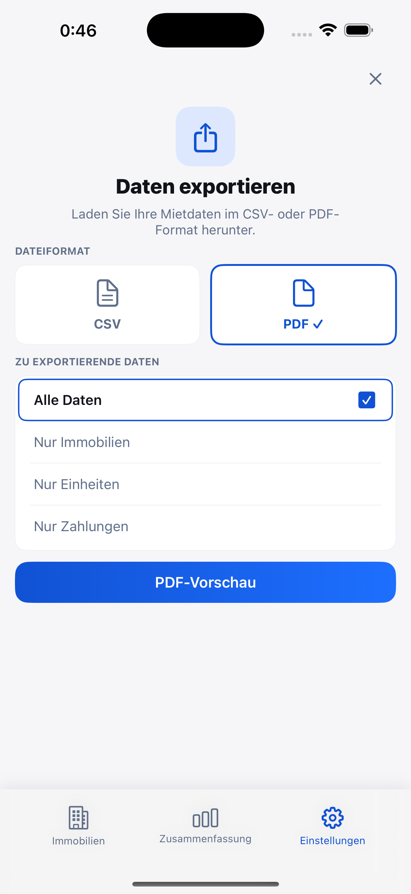 PDF-Export Vorschau des Mietzahlungsberichts