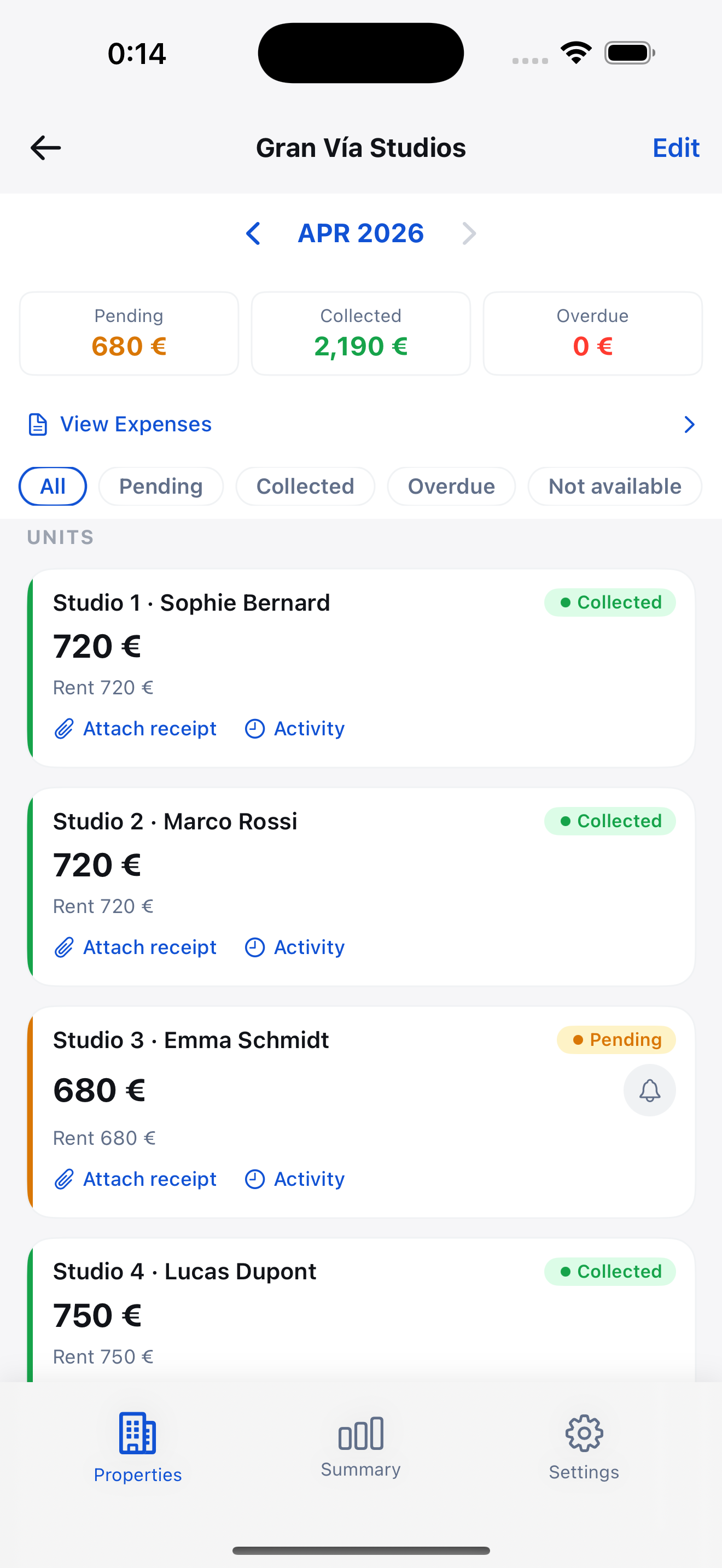 Property detail view with tenant payment history and monthly summary