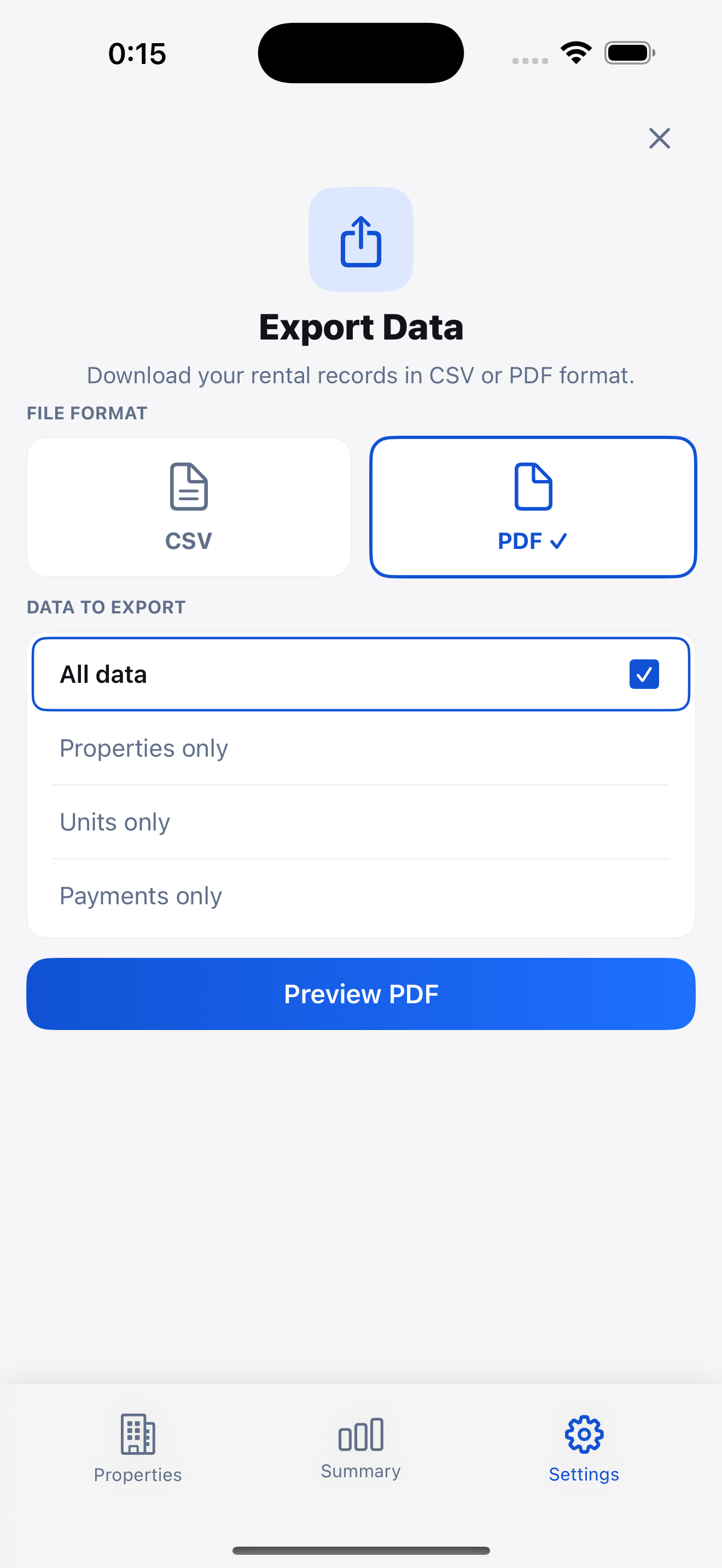 PDF export preview of rent payment report for accountant