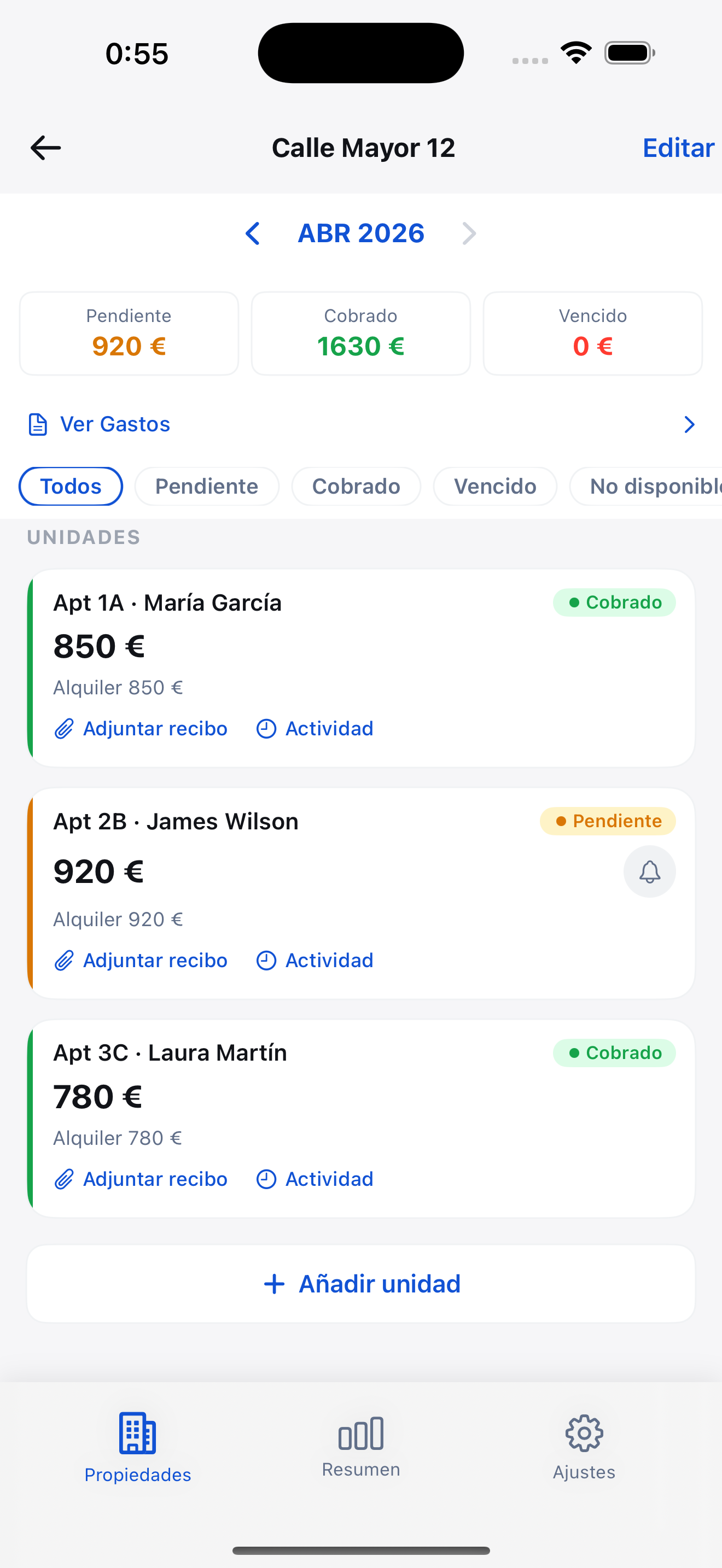 Detalle de propiedad con historial de pagos de inquilinos y resumen mensual