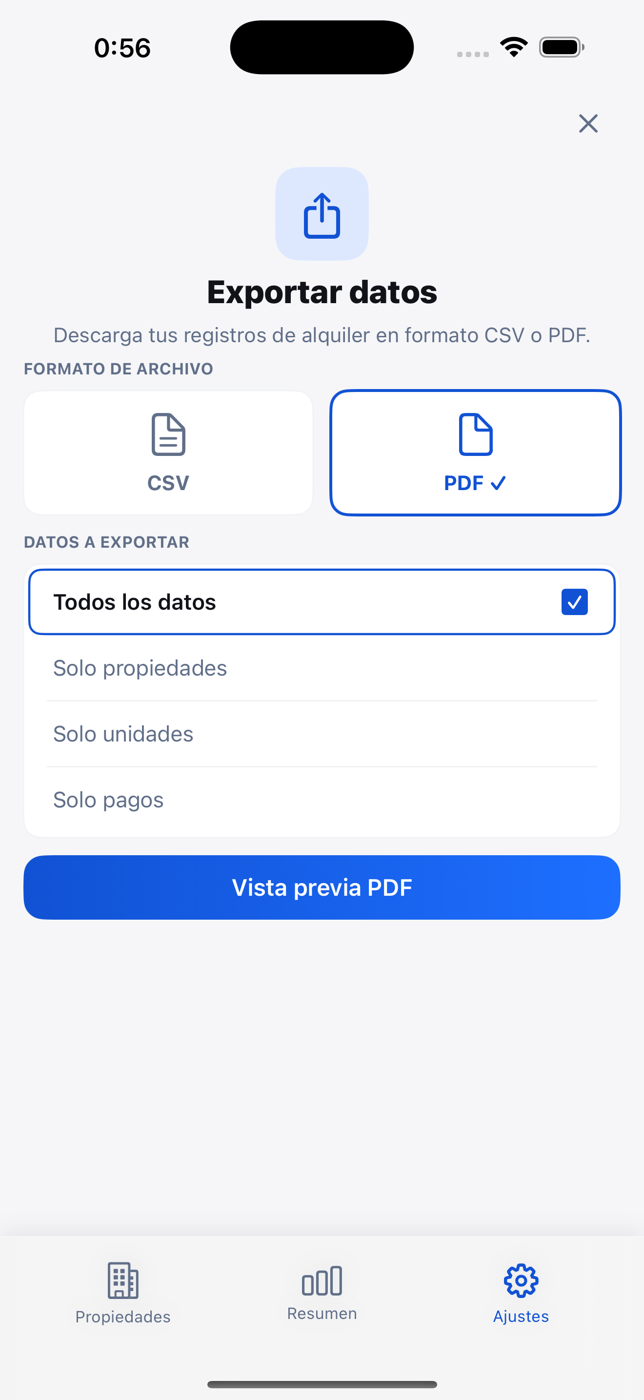 Vista previa de exportación PDF del informe de pagos de alquiler