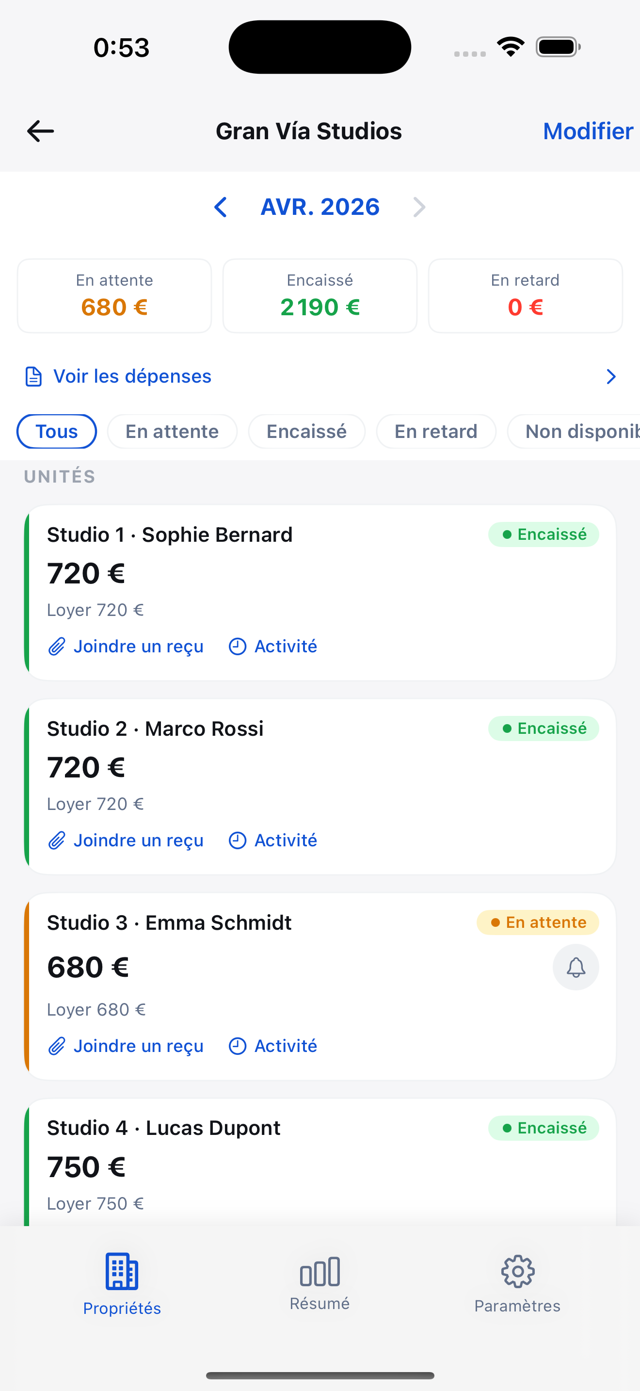 Détail de propriété avec historique de paiements et résumé mensuel
