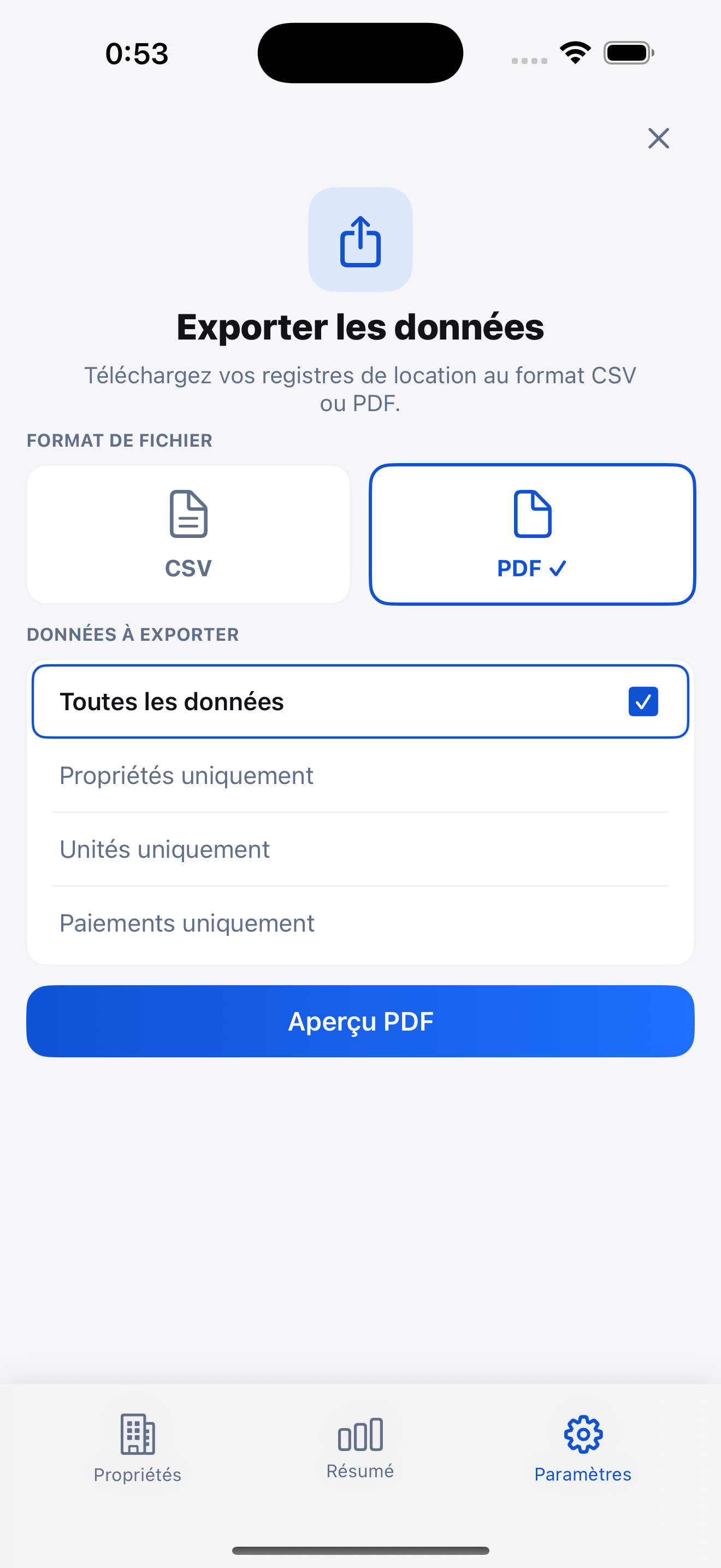 Aperçu de l'exportation PDF du rapport de paiements de loyer